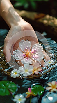 Water bloom Female hand delicately holds a flower in water