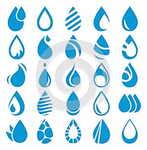 Water blue drop icon set, buttons. Simple vector silhouette collection