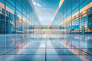 A water blue tower block with azure windows and tiled flooring