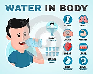 Water in body infographic. Young man