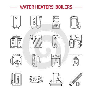 Water boiler, thermostat, electric gas solar heaters and other house heating appliances line icons. Thin linear photo