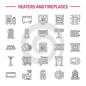 Water boiler, thermostat, electric gas solar heaters and other house heating appliances line icons. Thin linear photo