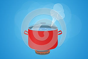 Water boiling in a pan. Hot steam from the pan. High temperature water. Vector illustration.