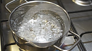 water boils in a saucepan on the burner of the gas stove.