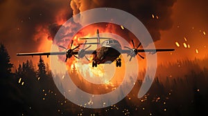 Water bomber battling forest inferno. Created with Generative AI