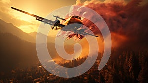 Water bomber battling forest inferno. Created with Generative AI