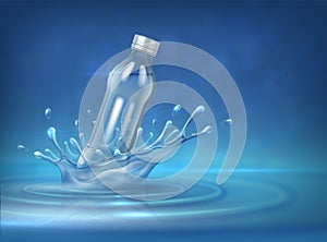 Water bottle advertising. Realistic 3D background with splashes water surfaces and empty water container. Vector blue
