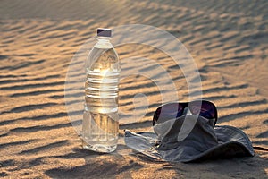 Water bottle, hat and sunglasses lying on the sand in the desert