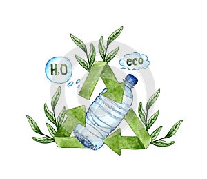 Water bottle and trash recycling sign watercolor