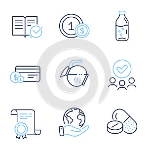 Water bottle, Usd coins and Payment method icons set. Vector