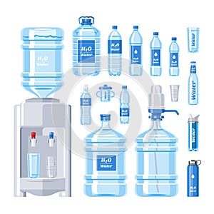 Water bottle vector water drink liquid aqua bottled in plastic container illustration set of bottling water cooler