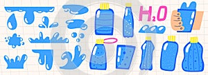 Water bottles, drops, waves, tears, liquid, spray set. Cute hand drawn doodle water collection including glass, plastic, hand