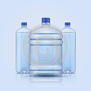 Water bottles. Empty plastic transparent containers bottle for clean different liquids, beverages service delivery water