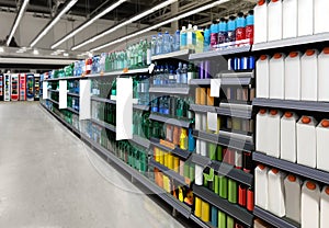 Water bottles mockup on shelf at supermarket.