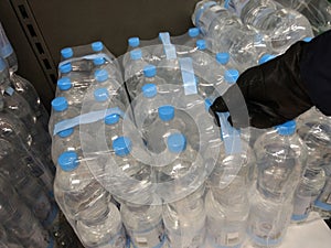 Water bottles in a supermarket