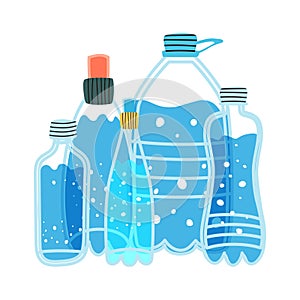 Water bottles of various shapes and volumes. Vector illustration of Drinking water