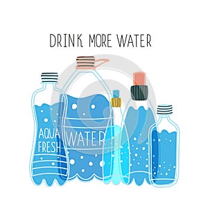 Water bottles of various shapes and volumes. Vector illustration of drinking water with logo