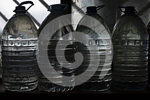 Water bottles. Water in canisters. Supply of fresh water