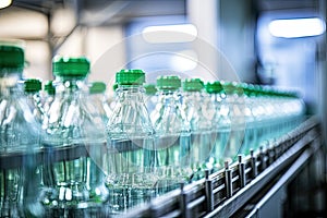 Water bottling conveyor line with plastic bottles on water factory production.