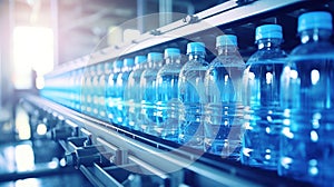 Water bottling plant processes and bottles pure spring water into blue bottles
