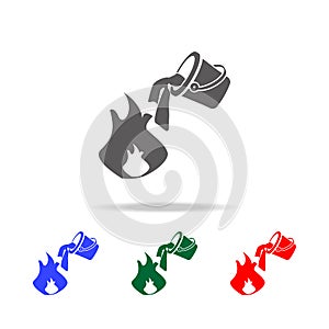 Water bucket extinguishing a fire icon. Elements of firefighter multi colored icons. Premium quality graphic design icon. Simple i