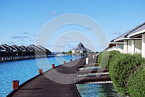 Water bungalows and blue ocean and sunny sky