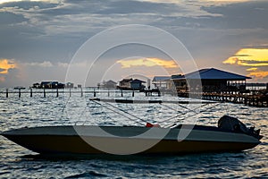 Water bungalows and chalets during sunset in Semporna, Sabah