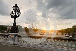 Water bus, a river in a European city, the Eiffel Tower in the background