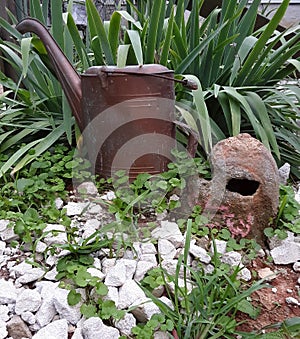 Water can & skull in a rock garden