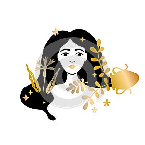 Water carrier to Aquarius of zodiac, horoscope concept, vector art, illustration. Beautiful girl silhouette. Astrological sign as