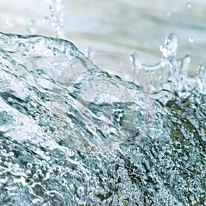 Water cascade waterfall streaming splashes background, large detailed macro closeup