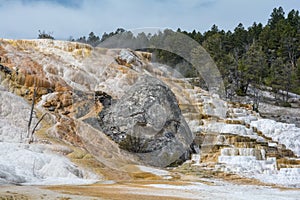 Water cascades down Mamoth Hot Springs Terraces photo