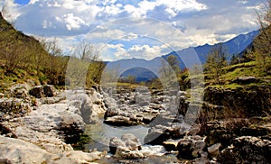 Water cascading over rocks in a creek near Arsiero, Italy