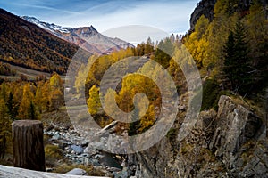 Water cascading over rocks, waterfall and autumn colors in the mountains, yellow and red trees