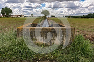 Water channel in a irrigated crop plantation in the province of Zamora Spain