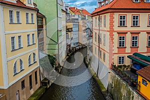 Water channel with river of Certovka Devil`s Channel, also called Little Prague Venice, in district of Lesser Town Mala Strana