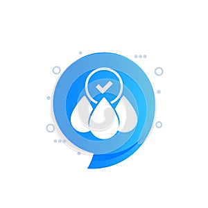 Water check icon with drops, vector