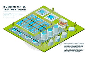 Water cleaning factory. Sewage treatment purification industry watering pipe systems and processes vector isometric