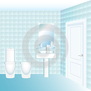 Water closet interior with lavatory pan, bidet, wash sink and mirror. Cartoon style vector illustration.