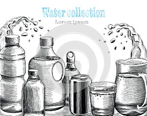 Water collection hand drawing engraving style clip art