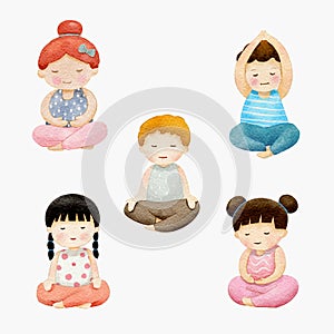 Water color diverse meditating children yoga. cartoon set illustration vector