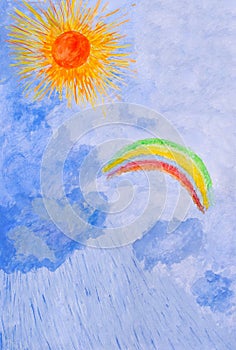 Water color drawing by hand. Sun, rain, rainbow.