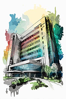 Water color drawing of white multistage public Hospital building with blue windows and doors