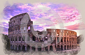 Water color effect of photo of Colosseum in Rome at sunset against purple cloudy sky