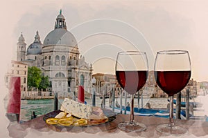 Water color effect of two glasses of red wine with charcuterie assortment on gondolas and Santa Maria della Salute