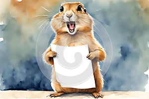 water color  a female prairie dog excitedly holding a paper that says answers while standing on a stage