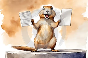 water color  a female prairie dog excitedly holding a paper that says answers while standing on a stage