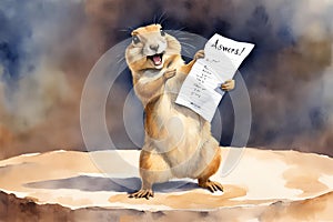 water color  a female prairie dog excitedly holding a paper that says answers while standing on a stage