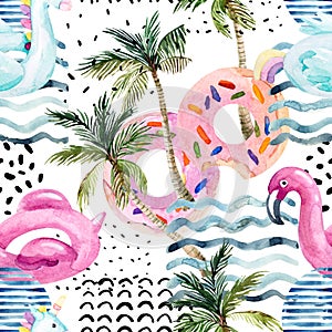 Water color flamingo pool float, donut lilo floating on 80s 90s background.