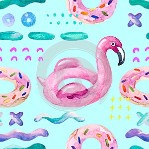 Water color flamingo pool float, donut lilo floating on 80s 90s background.